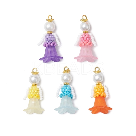 Glass Seed Beaded Flower Figurine Pendants PALLOY-MZ00686-1