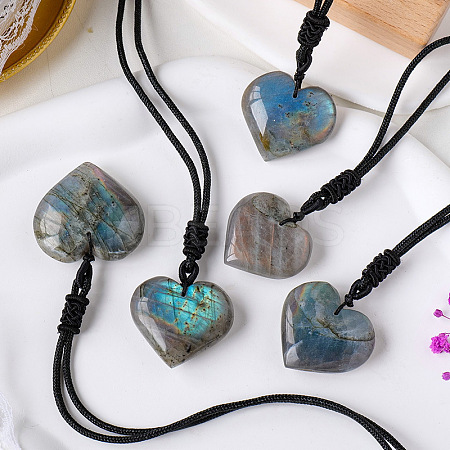 Heart Natural Labradorite Pendant Adjustable Braided Cord Necklaces FS-WG928F5-01-1