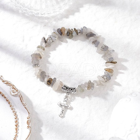 Natural Labradorite Chip Beaded Stretch Bracelets BJEW-JB12316-01-1