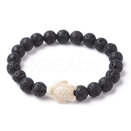 Natural Lava Rock Round & Synthetic Turquoise Turtle Beaded Stretch Bracelet for Women BJEW-JB09700-04-1