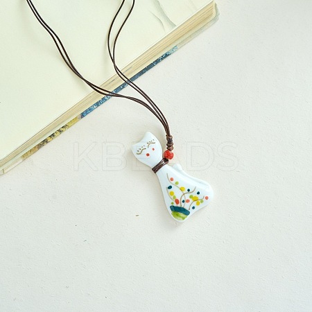 Porcelain Pendant Adjustable Imitation Leather Cord Necklaces for Women FS-WGE6687-02-1