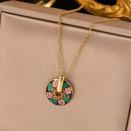 304 Stainless Steel Enamel Flat Round Necklaces for Women LS-NJEW-Q028-01B-G-1