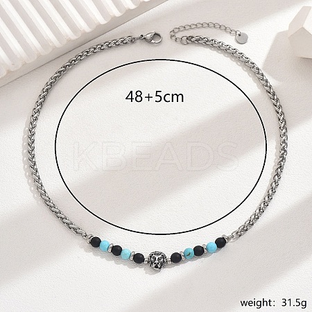Vintage Stainless Steel Lion Head Synthetic Turquoise Beaded Necklaces for Daily Wear RE8063-1-1