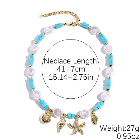 Ocean Shell Shape & Starfish Alloy Pendant Plastic Pearl & Dyed Synthetic Turquoise Square Beaded Necklaces FS-WG16541-01-1