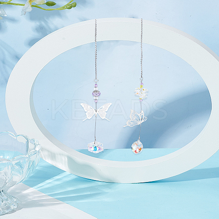 2Pcs 2 Styles Glass & Alloy Butterfly Hanging Suncathers HJEW-LP0002-89C-1