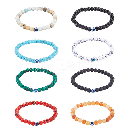 8Pcs 8 Style Natural & Synthetic Mixed Gemstone & Evil Eye Round Beaded Stretch Bracelets Set BJEW-FI0001-48-1