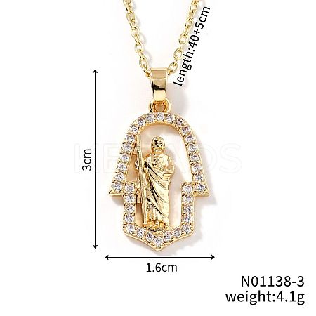 Shiny Brass Micro Pave Clear Cubic Zirconia Hollow Hamsa Hand Vintage Statue Pendant Necklaces DN8896-3-1