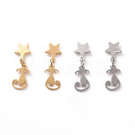 304 Stainless Steel Cat with Star Dangle Stud Earrings for Women EJEW-G328-10-1