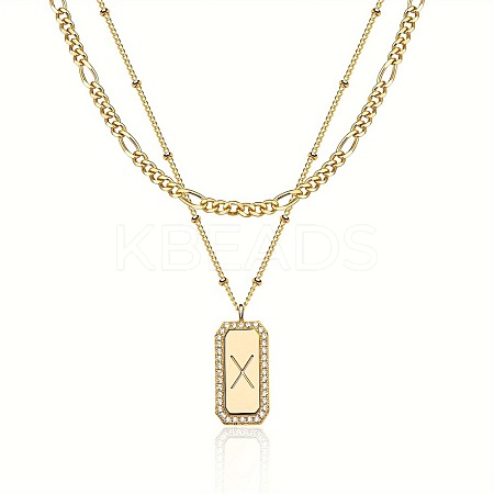 Brass Micro Pave Clear Cubic Zirconia Rectangle with Initial Pendant Double Layer Necklaces for Women FS-WG478B5-24-1