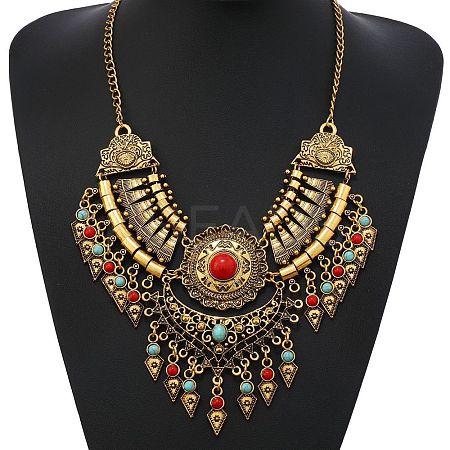 Ethnic Style Zinc Alloy Pave Synthetic Turquoise Teardrop Statement Chunky Bib Necklaces for Women FS-WG23959-02-1