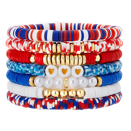 7Pcs Heart Pattern Polymer Clay & Plastic Pearl & CCB Plastic Beaded Stretch Bracelet Set for Women FS-WG634BB-24-1