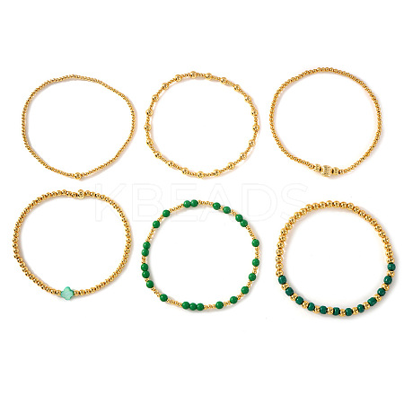 6Pcs St. Patrick's Day Brass & Acrylic Beaded Stretch Bracelets for Women MR9061-10-1
