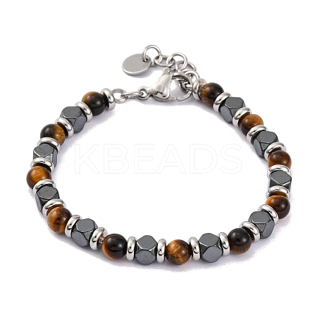 Natural Tiger Eye & Synthetic Hematite Round Beaded Bracelet BJEW-P339-02P-03-1