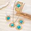 Round Alloy & Synthetic Turquoise Pendant Necklace & Stud Earring & Cuff Bangle & Rings Sets FS-WG9CCFC-01-3
