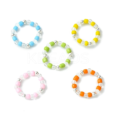 5Pcs 5 Colors Acrylic & Glass Seed Beaded Stretch Rings Set RJEW-JR00594-S-1