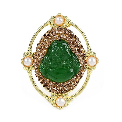 Oval with Buddha Brass Glass Finger Rings RJEW-P128-01G-1