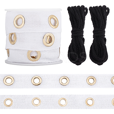 5 Yards Cotton Ribbons with Golden Tone Iron Eyelet Rings and Cotton Thread SRIB-OC0001-05A-1