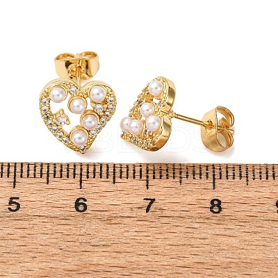 Brass Micro Pave Clear Cubic Zirconia Heart Stud Earrings EJEW-K267-39G-1