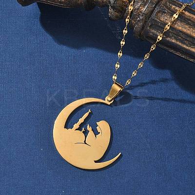 201 Stainless Steel Moon with Woman Pendant Necklaces for Ramadan & Eid Mubarak NJEW-D318-02G-1