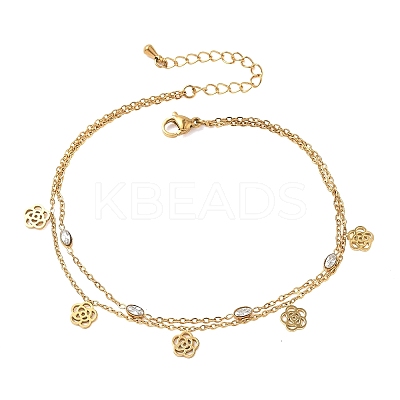 304 Stainless Steel Pave Clear Cubic Zirconia Charm 2-Strand Anklets for Women AJEW-K054-01B-G-1