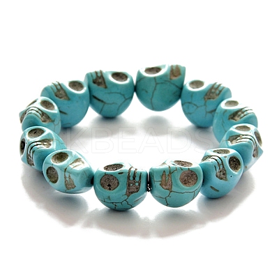 Synthetic Turquoise Skull Beaded Stretch Bracelets SKUL-PW0004-32E-1