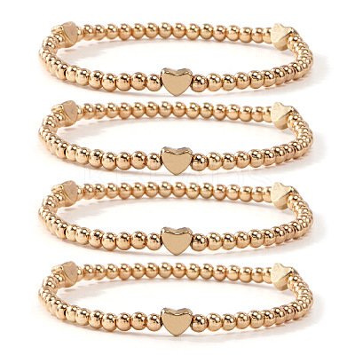 4Pcs Round and Heart Brass Beaded Stretch Bracelet Sets for Women Jewelry Accessories GV4770-1-1