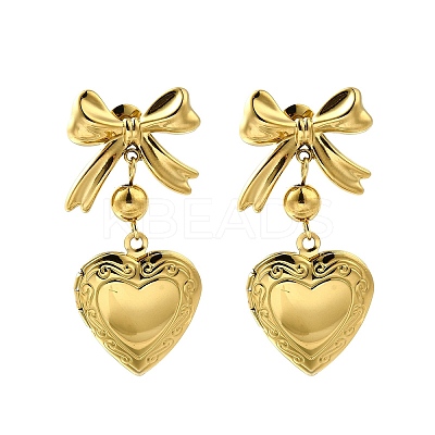 Bowknot with Heart 304 Stainless Steel Dangle Stud Earrings EJEW-M065-03G-1