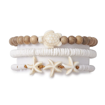 3Pcs 3 Styles Tortoise Round Wood & Disc Sea Shell Beaded Stretch Bracelet Sets BJEW-JB10311-1