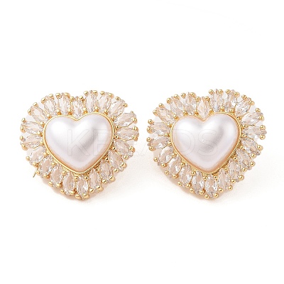 Rack Plating Heart Brass Micro Pave Clear Cubic Zirconia Stud Earring for Women EJEW-G394-38G-1