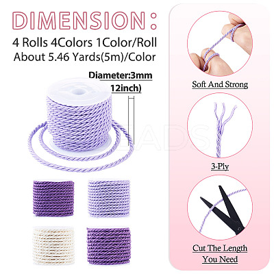 4 Rolls 4 Colors Round Polyester Cord OCOR-TA0003-88C-1