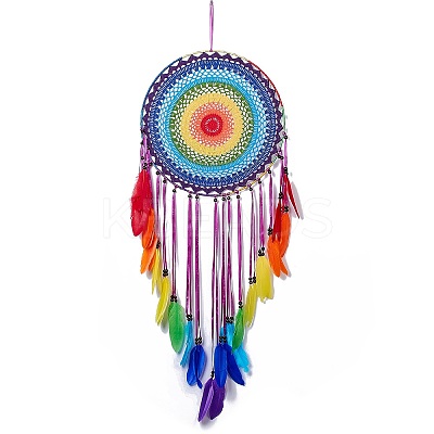 Native Style Iron Ring Woven Net/Web with Feather Wall Hanging Decoration LS-HJEW-A001-09-1