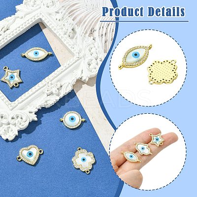 6Pcs 6 Styles Brass Micro Pave Clear Cubic Zirconia & Natural Shell Evil Eye Links Connector Charms KK-CJ0003-44-1