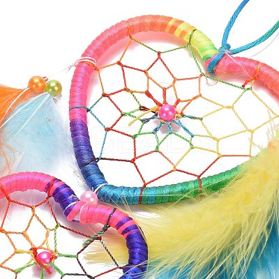 Feather Double Heart Woven Net/Web with Beaded Wind Chimes HEAR-PW0001-169-1