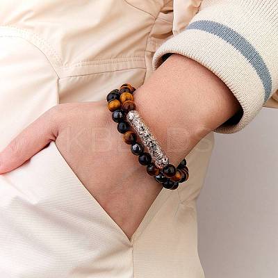 2Pcs 2 Style Dyed & Heated Natural Tiger Eye & Gemstone Stretch Bracelets Set BJEW-SW00092-1