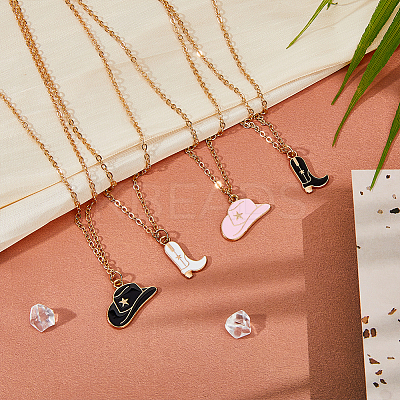 4Pcs 4 Styles Cowboy Theme Hat & Shoes Alloy Enamel Pendant Necklaces Set for Women NJEW-FI0001-10-1
