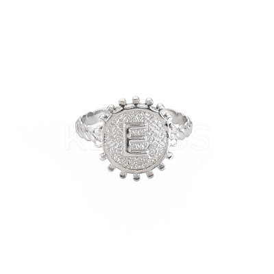 Non-Tarnish 304 Stainless Steel Flat Round with Initial Letter Open Cuff Ring for Men Women RJEW-S405-246P-E-1