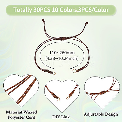 30Pcs 10 Styles Adjustable Waxed Polyester Cord Bracelet Making X1-AJEW-TAC00052-1