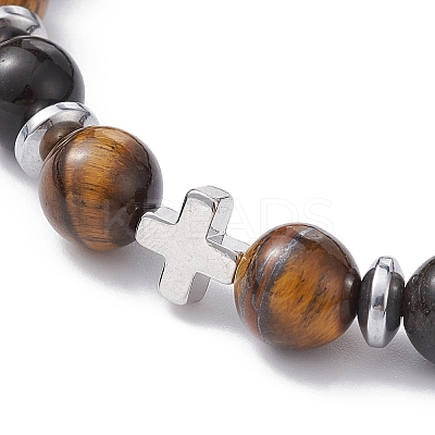 Natural Tiger Eye & Obsidian Round & Brass Cross Braided Bead Bracelets BJEW-JB09704-01-1