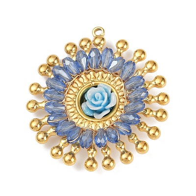 304 Stainless Steel and Resin Flower Pendants STAS-R170-03G-01-1