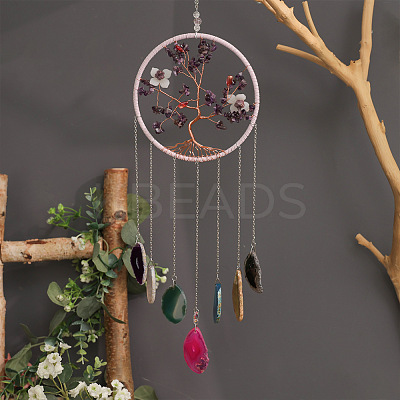 Brass Wire Wrapped Natural Amethyst Chips Tree of Life Pendant Decorations HJEW-D302-01-1