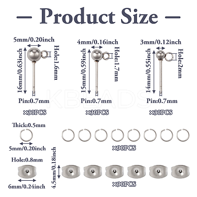 90Pcs 3 Size 202 Stainless Steel Ball Stud Earring Findings STAS-TA0002-22-1