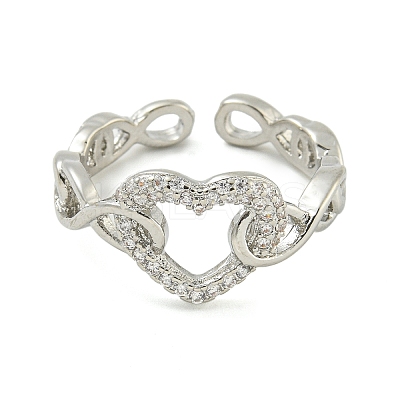Heart Brass Micro Pave Clear Cubic Zirconia Hollow Open Cuff Rings for Women RJEW-M016-04P-1