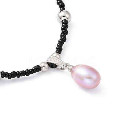 Natural Pearl Pendant Necklace with Glass Beaded Chains NJEW-M201-01B-1