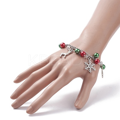 Christmas Gift Box & Tree & Snowflake & Reindeer Alloy Charm Bracelet with Glass Pearl BJEW-TA00097-1