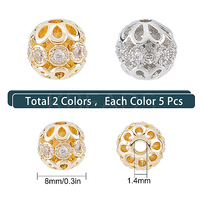 10Pcs 2 Colors Rack Plating Brass Micro Pave Clear Cubic Zirconia Beads ZIRC-SC0001-23-1