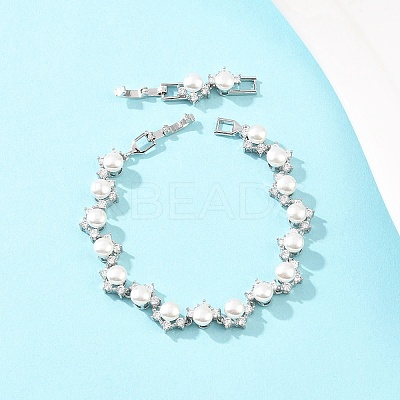 Platinum Tone Brass Micro Pave Cubic Zirconia & Plastic Pearl Tennis Bracelets BJEW-B160-16P-1
