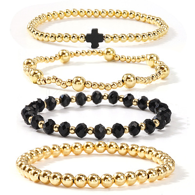 4Pcs Golden Brass & Glass Round Beaded Bracelet Sets XG4611-1-1