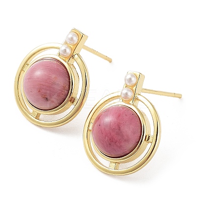 Natural Rhodochrosite Half Round Dangle Stud Earrings EJEW-B027-01G-02-1