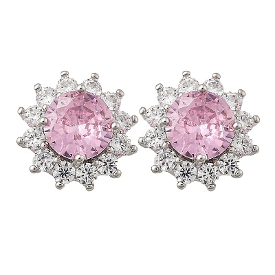 Flower Brass Micro Pave Clear Cubic Zirconia Stud Earrings for Women EJEW-G428-17P-1