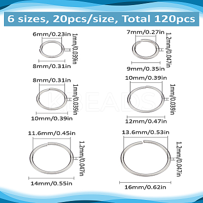 120Pcs 6 Styles Tarnish Resistant 304 Stainless Steel Open Jump Rings STAS-LP0001-63-1